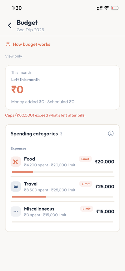 Budget screen with planned vs actual expense by category