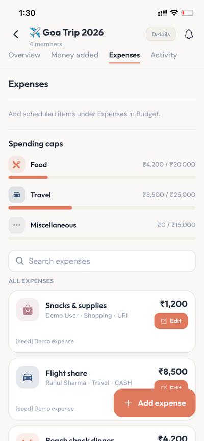 Expenses tab with expense caps by category and UPI expense list