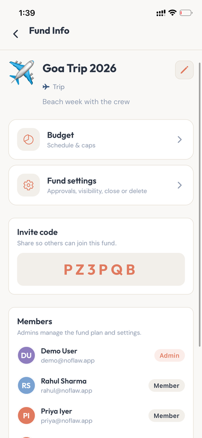 Fund info with invite code and member list with roles