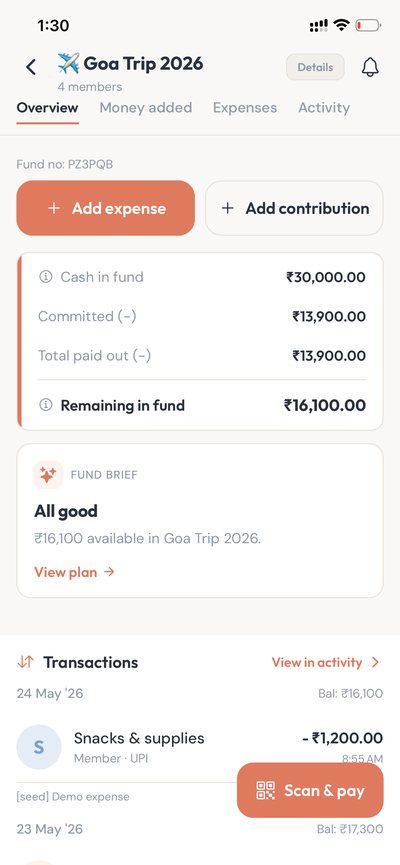 noflaw fund overview: cash in fund, expenses, remaining balance, and recent UPI expenses visible to all members
