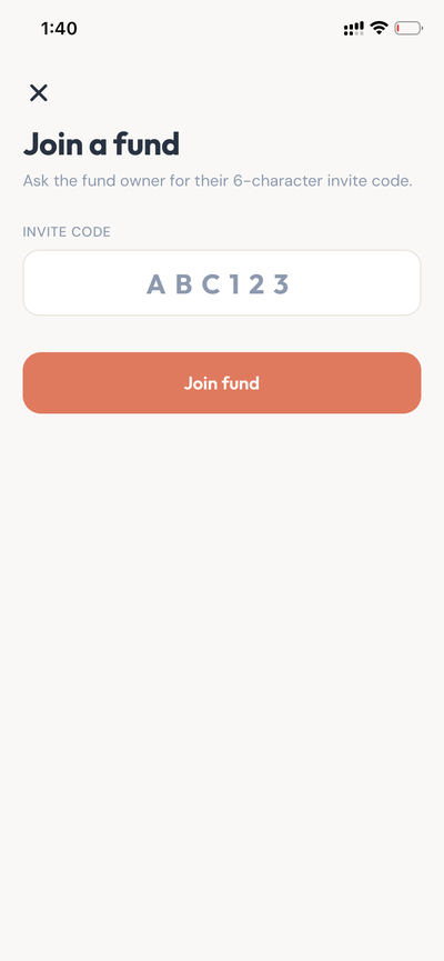 Join a fund screen with invite code entry