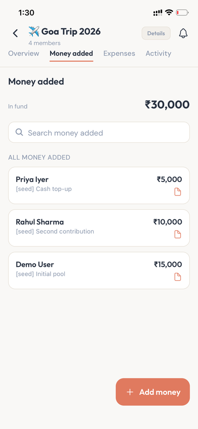 Received tab showing each member's payments into the shared fund