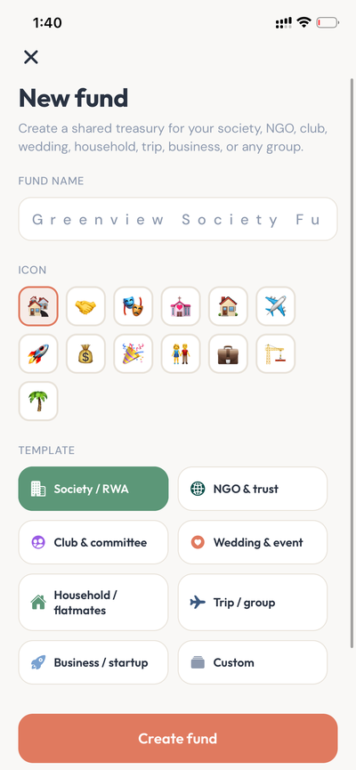 New fund setup with name, icon, and template for societies, NGOs, clubs, and trips