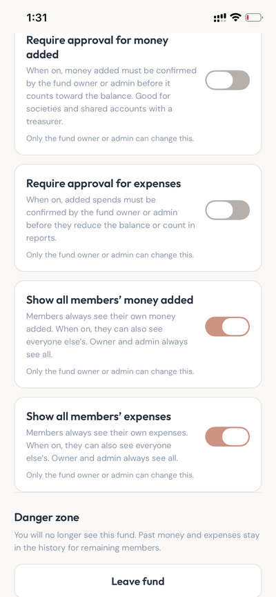 Fund settings toggles for approvals and who can see received and expenses